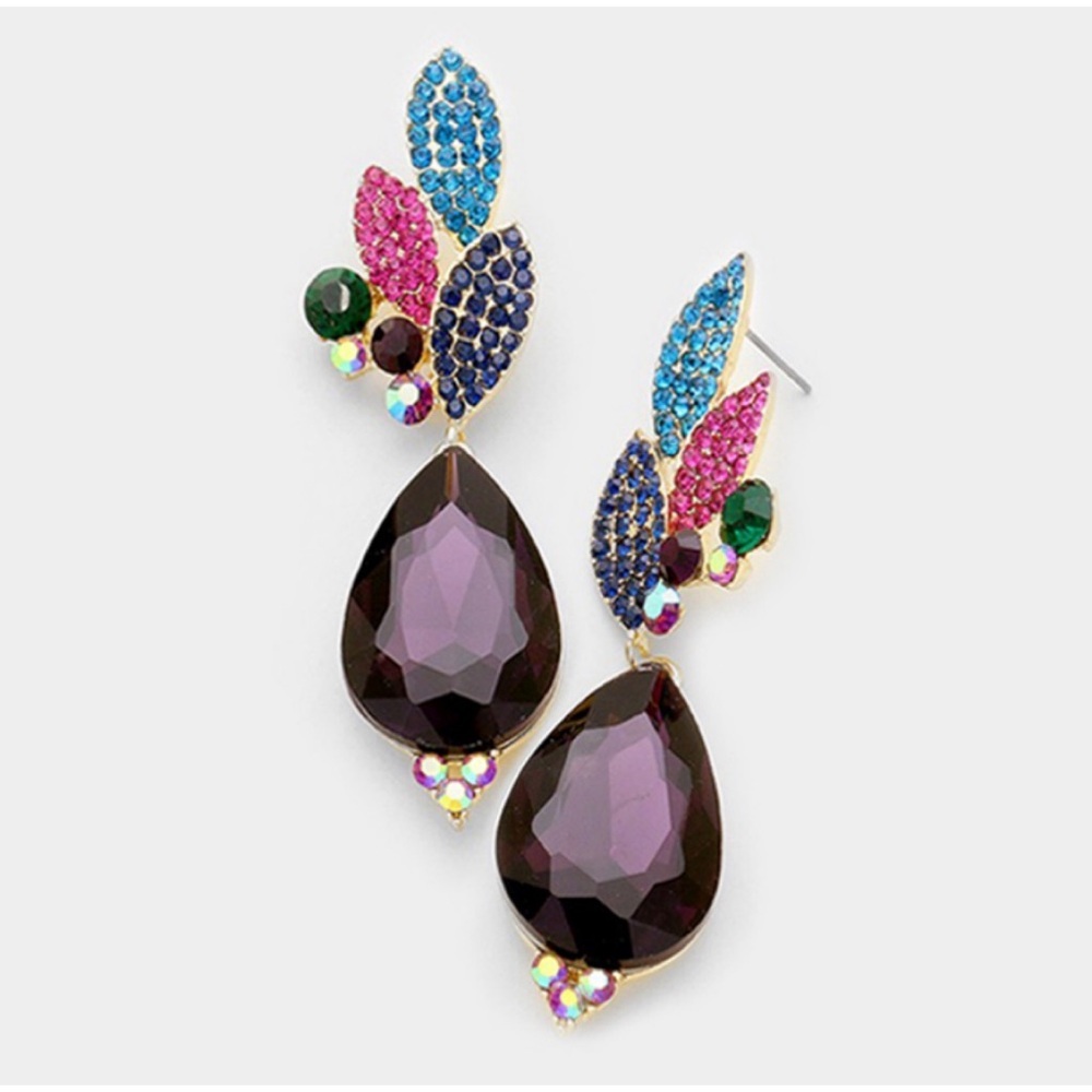 Crystal Rhinestone Pave Leaf Teardrop Evening Earrings